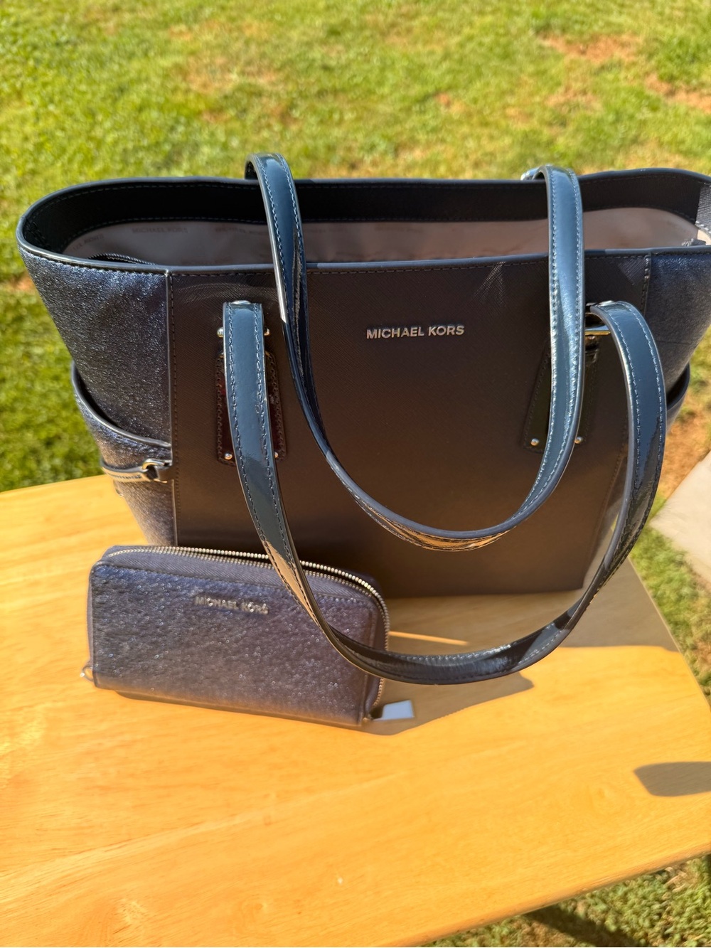 Michael Kors Blue Leather Tote  and wristlet set